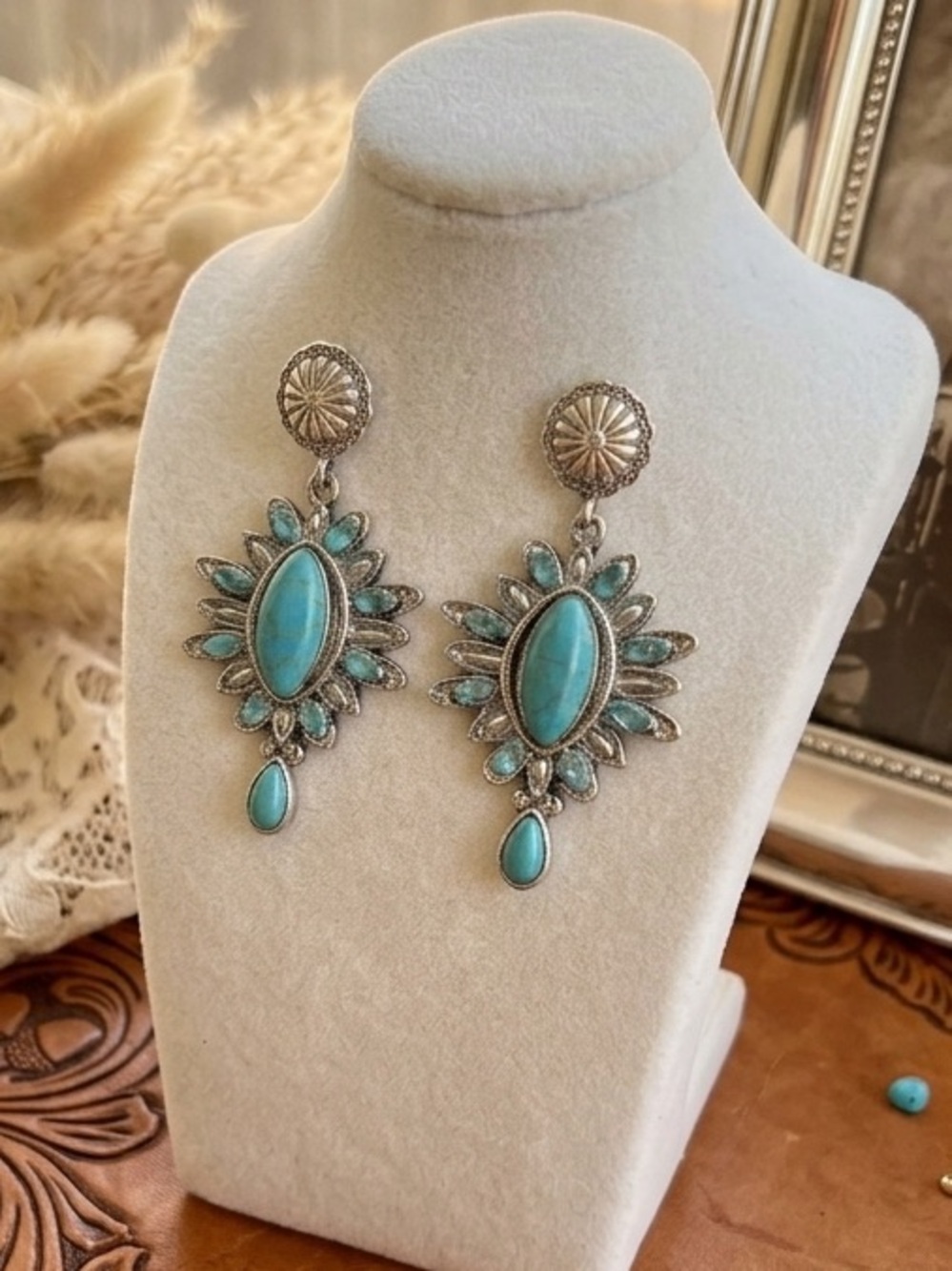Turquoise Southwestern Dangle Earrings Western Chic Glam Cowgirl Rodeo Coquette